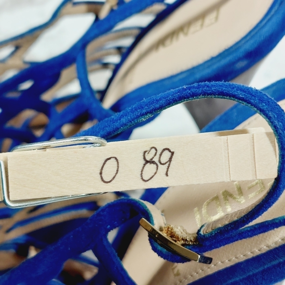 Fendi Royal Blue Suede Cut-Out Cage Sling-Back Peep-Toe Pumps O89 - Picture 14 of 14